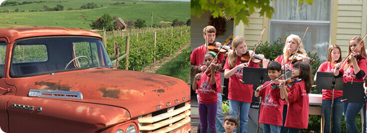 split image of a old red truck and a band of violin players