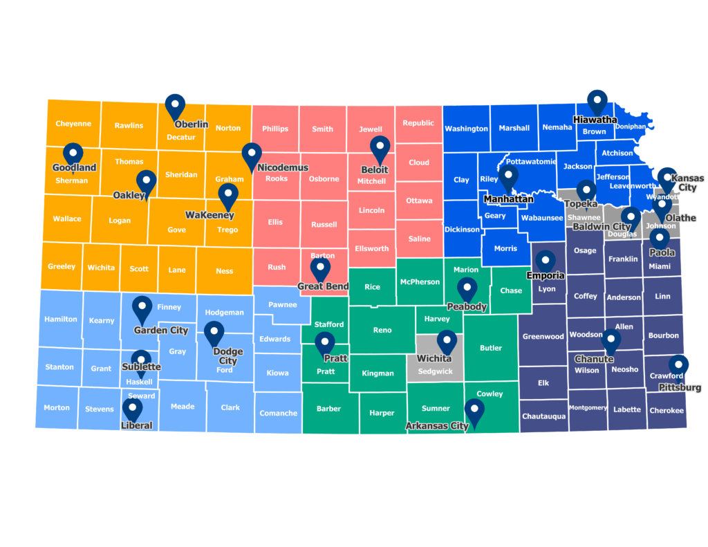 Map of Kansas showing Roadshow stops.  Kansas map is broken into the 8 economic development regions. 