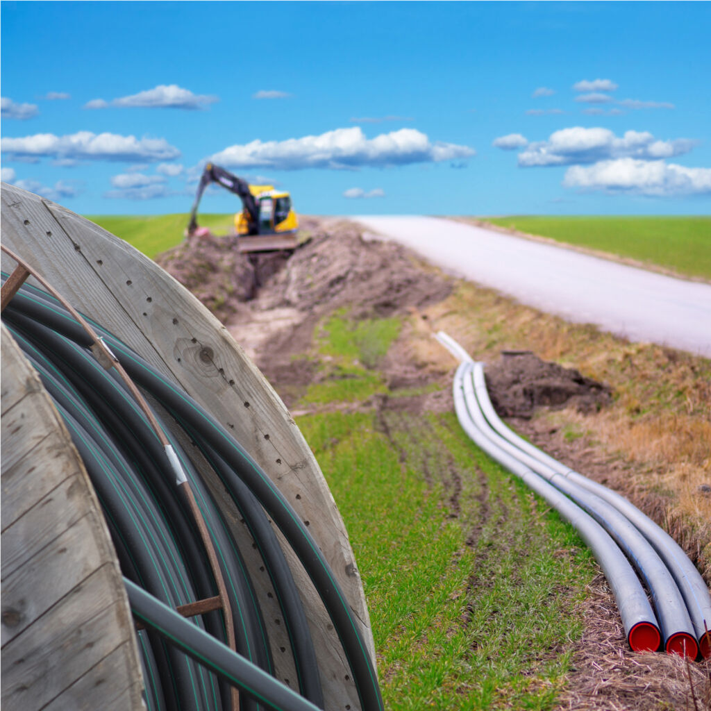 Fiber being placed into the ground on a sunny day.
