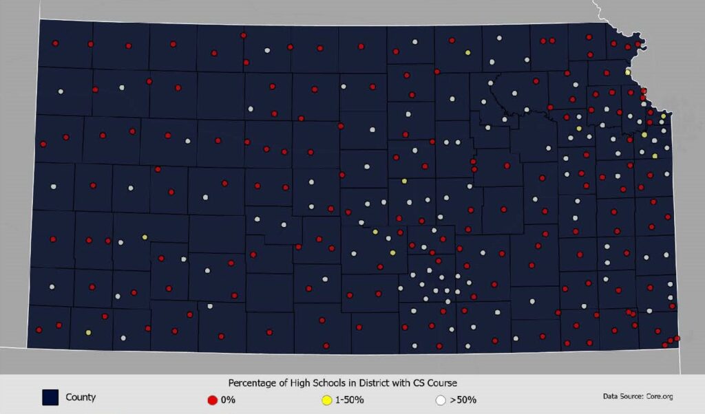 Map of Kansas showing the percentage of high schools by district that offer a foundational Computer Science class. Districts at 0% are spread throughout the state, while districts with more than 50% are clustered in the Eastern half of the state.