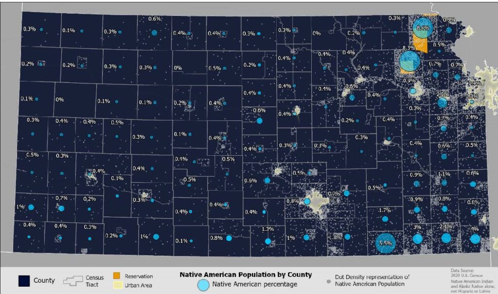 Kansas map showing the percentage of Native American population by county, with the highest concentrations ranging from 5.5% to 8.4% in the south and northern Tribal Reservations. The rest of the state is generally under 1%.  Footnote 39F41