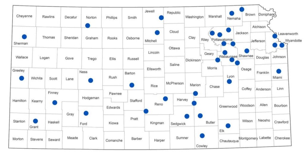 Map of Kansas with blue dots indicating responses from northeast, north central, south central and western Kansas. 