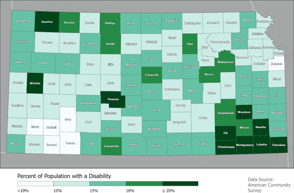 Map showing the percent of population with a disability from the American Community Survey. 