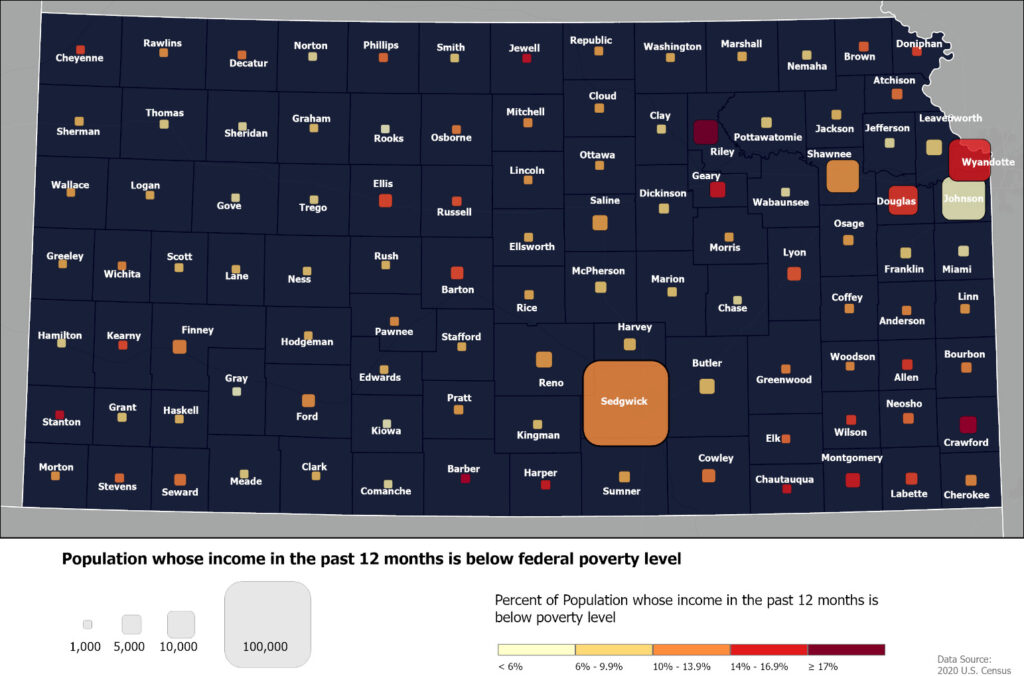 Map showing the populations whose income in the past 12 months is below federal poverty level. 