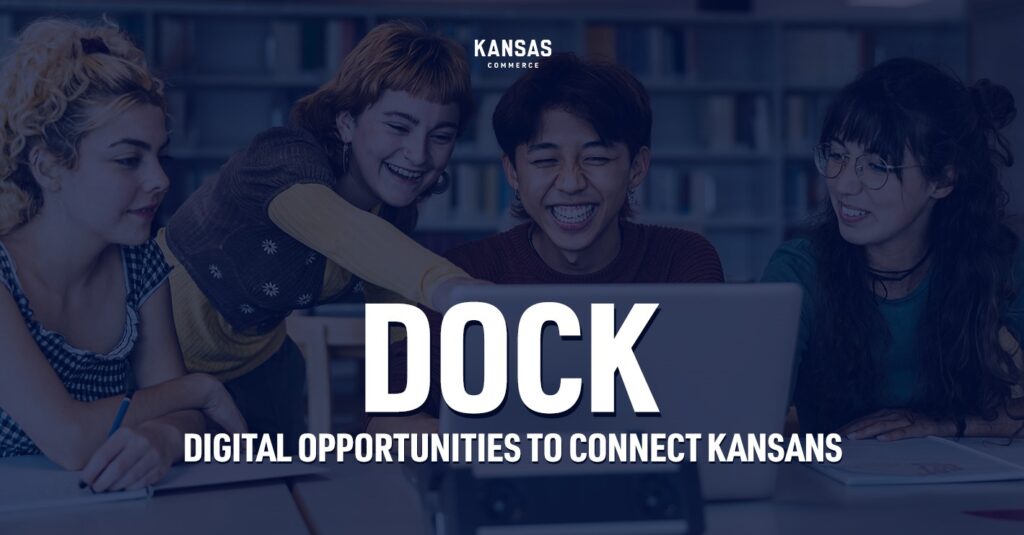 Digital Opportunities to Connect Kansans (DOCK) - Image of four diverse young adults looking at a computer screen. 