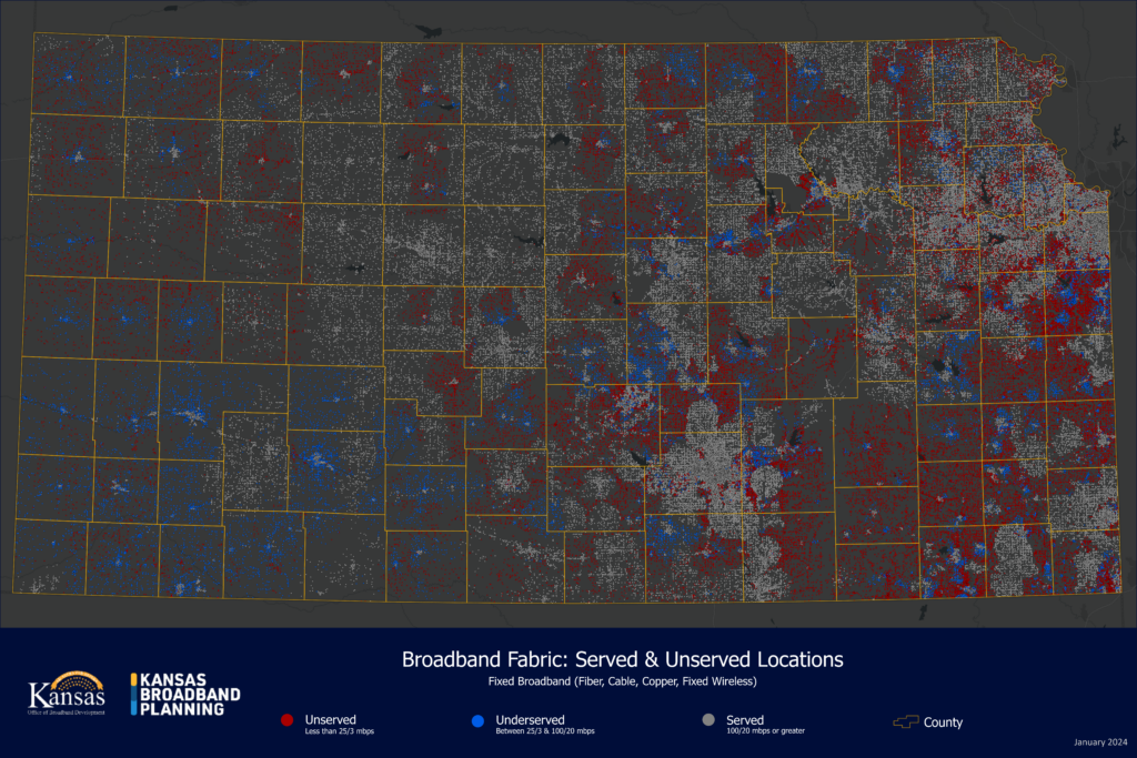Map shows the Broadband Fabric, indicating served and unserved locations in Kansas. Southeast Kansas shows up as the most unserved area of the state and western Kansas has underserved areas. Across the state it's a mix of pockets of served, unserved and underserved. 