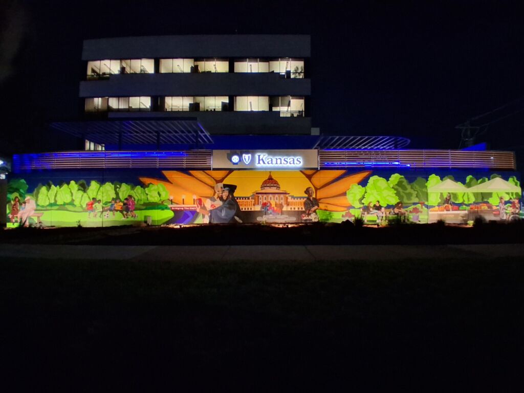 Night view of a mural.