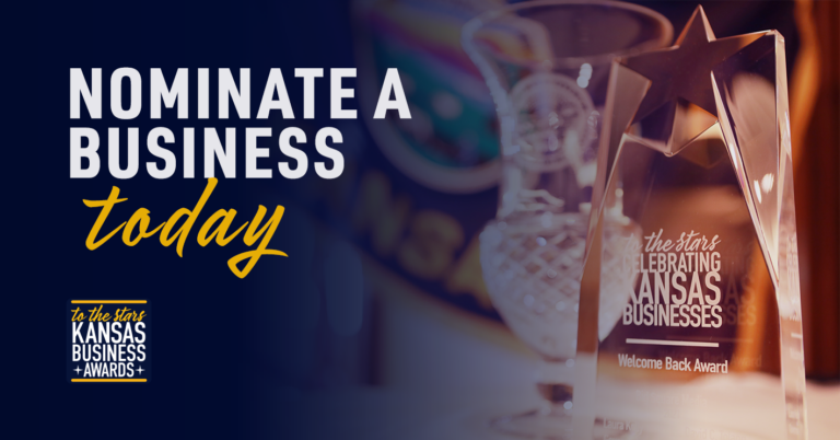 The image features a promotional graphic for the "To the Stars: Kansas Business Awards." It shows an award trophy with a star on top, engraved with "The Star’s Celebrating Kansas Businesses: Welcome Back Award." The text on the left reads, "Nominate a business today" in bold white and yellow lettering. In the background, there are blurred elements suggesting a festive or business setting.