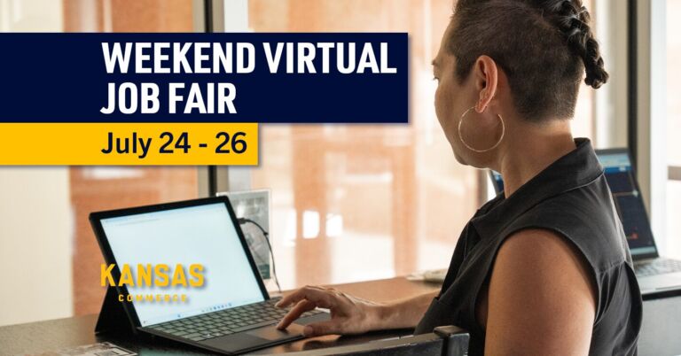 A person using a laptop at a counter in a bright room. A banner reads: "Weekend Virtual Job Fair, July 24 - 26." The logo for "Kansas Commerce" is visible.