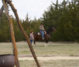 A rider in the field foregrounded by an old cauldron.