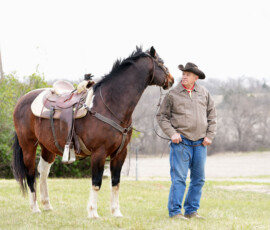 A rider and his horse look at each other.